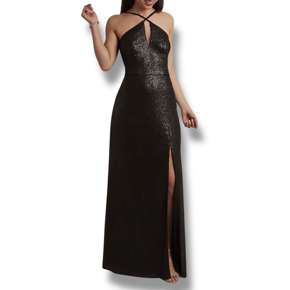 David’s Bridal Studio Matte Sequence Halter Maxi Dress Black Size 8 Wedding